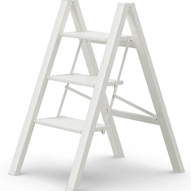 GameGem 3 Step Ladder, Aluminum Folding Step Stool with Anti-Slip Sturdy and Wide Pedal, Lightweight Portable Stepladder for Home and Kitchen Use Space Saving, Cream White, 330 lbs