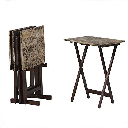 Riverbay Furniture 5 Piece Set Faux Marble TV Tray Table Stand in Brown, 4 Tray Tables & 1 Stand