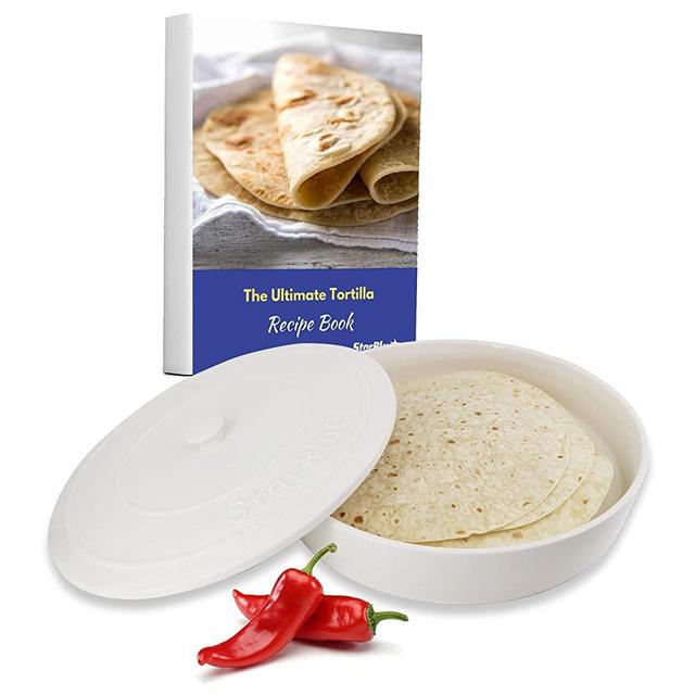10 Inches Ceramic Tortilla Warmer by StarBlue with FREE Recipes ebook - White, Insulated One Hour and Holds up to 24 Tortillas ,Chapati, Roti, Microwavable, Oven Safe