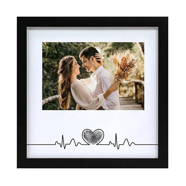 Komimaci Heart Thumbprint Keepsake Photo Frame and Ink Kit Wedding Registry Wedding Gift Ideas Wedding Reception or Bridal Shower Gifts for Bride Newlywed (Black, Heartbeat)