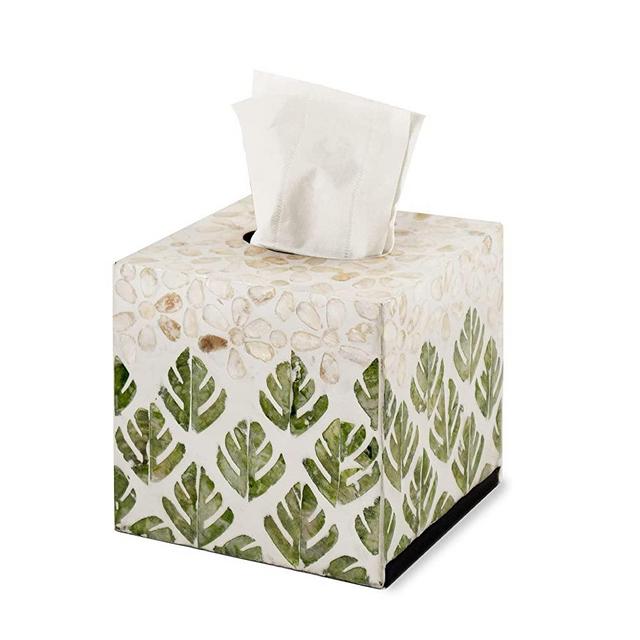 Mother of Pearl Inlay Cube Tissue Box Cover - Luxury Marble Bathroom Accessories - Wooden Toilet Paper Storage - by MadeTerra (Snow Forest)