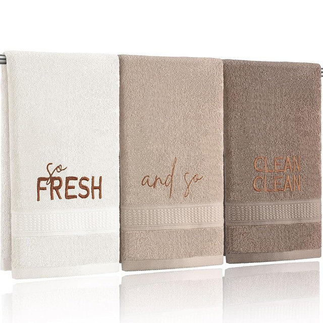 FuWeave 3 Pcs So Fresh and So Clean Clean Farmhouse Decorative Hand Towels for Bathroom and Kitchen Rustic Embroidered 100% Cotton Hand Towels Decorative Set for Boho Bathroom Decor