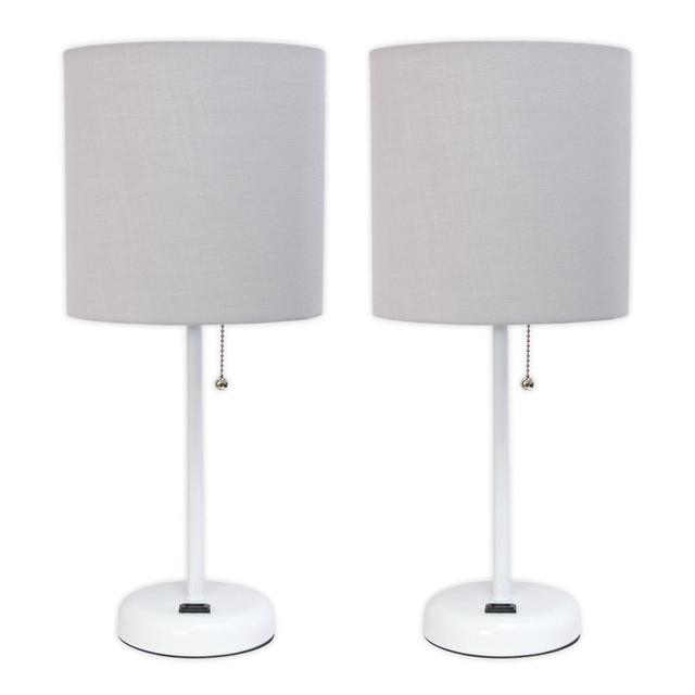 LimeLights Stick Lamps in White with Charging Outlet and Fabric Shades (Set of 2)
