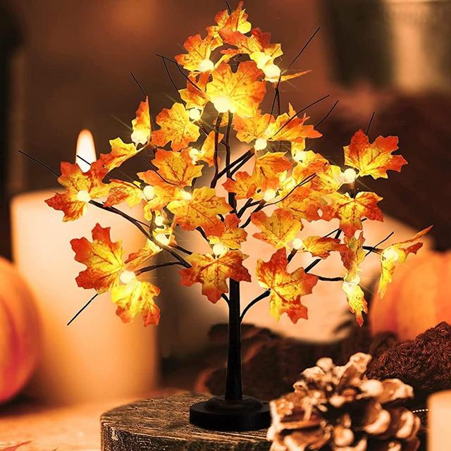 Maple Tree Light for Fall Thanksgiving Decor,24 LED Lighted Maple Tree with Leaves,2Ft Maple Light up Tree 8 Lighting Mode USB & Battery Operated Home Decoration Holiday Halloween Party Gift Ideas