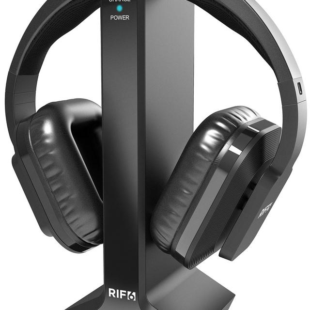 RIF6 Wireless TV Headphones 2.0 Over Ear Cordless Headphone with RF Transmitter - with Electronic Volume Control 20 Hour Rechargeable Battery and Charging Dock for TV MP3 iPods and Smartphones - Black