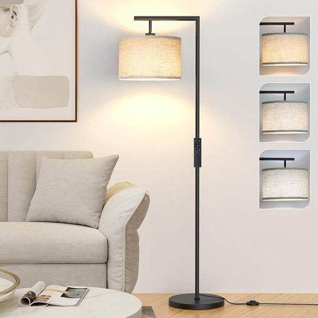 CNXIN Floor Lamps with Remote Control and Stepless Dimmable Color Temperature and Brightness Standing Lamp with Adjustable Beige Linen Lampshade Pole Lamp for Bedroom Office, 9W Bulb Included, Black