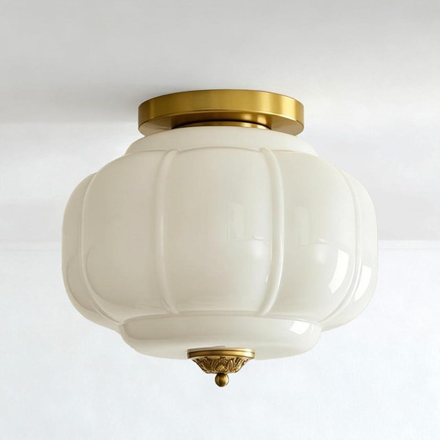 MIXL-Milk White Flush Mount Ceiling Light,14 Inches Milk Glass Semi Flush Mount Lighting,Gold Hallway Light Fixture,Mid Century Ceiling Lamp for Living Room Bedroom