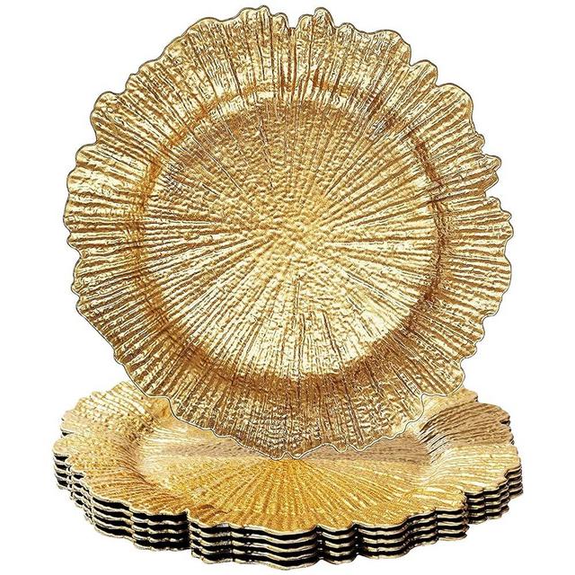 TABLETROVES Gold Charger Plates Set - 13” Vintage Plastic Dinnerware Set - Reusable Elegant Serving Plates for Parties, Weddings and Events 12 Set
