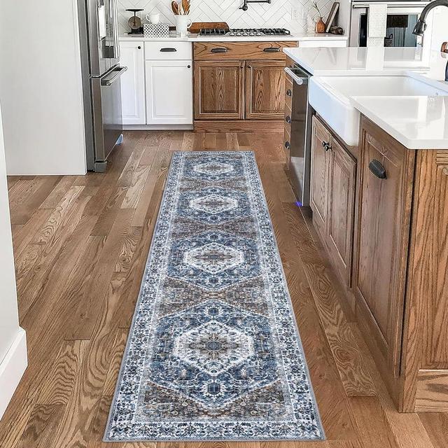 KOZYFLY Long Runners for Hallways 2x10 Ft Washable Kitchen Runner Rug Boho Runner Rug for Entryway Indoor Blue Oriental Faux Wool Stair Runner Rug Floor Carpet Runner for Stair Kitchen Hall