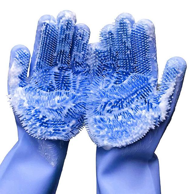 Cleaning Sponge Gloves, Dishwashing Gloves, Silicone Reusable Cleaning Brush Heat Resistant Scrubber Gloves for Housework, Kitchen Clean, Bathroom, Bathing, Car Washing. 1 Pair (13.6" Large)