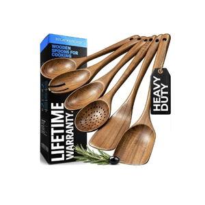 Zulay Kitchen 6 Piece Wooden Spoons for Cooking – Natural Teak Wooden Utensil Set, Easy to Clean, Durable, Smooth with Comfort Grip - Non Toxic Wooden Cooking Utensil Sets