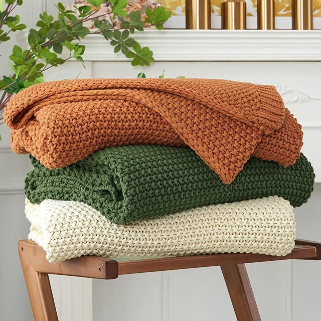 Chunky Cable Knit Throw Blanket Lightweight Cream 100% Organic Cotton Blanket for Sofa Couch Bed Baby Nursery, Rustic Shabby Chic Modern Farmhouse, 51” x 63” Bonus Laundering Bag