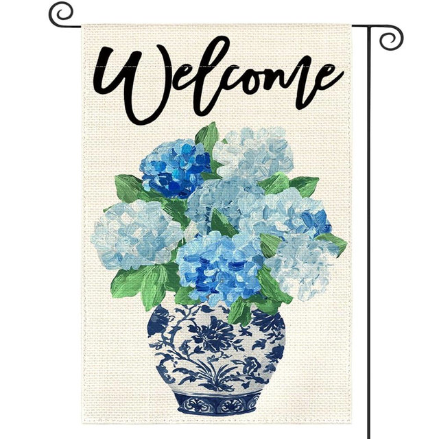 AVOIN colorlife Spring Hydrangea Floral Welcome Garden Flag 12x18 Inch Double Sided Outside, Blue and White Chinoiserie Seasonal Yard Outdoor Flag