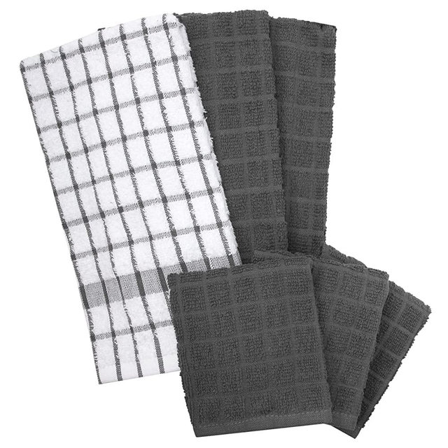 Ritz Terry Cotton Kitchen Towel and Dish Cloth, Graphite 6 Towel Set