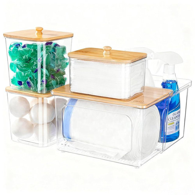 iCASA Trash Bag Dispenser Dishwasher Pod Holder - 5 in 1 Plastic Garbage Bag Under Sink Organizer, Acrylic Dryer Sheet Balls Laundry Pods Container with Bamboo Lid, Pantry Organizers and Storage Box
