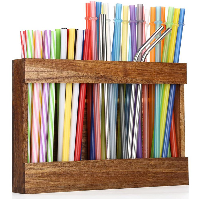 Acacia Wooden Straw Holder Dispenser for Counter with 8Pcs Double Sided Adhesive Tape, Straw Organizer for Cupboard Reusable Storage Container for Kitchen (Acacia Color)
