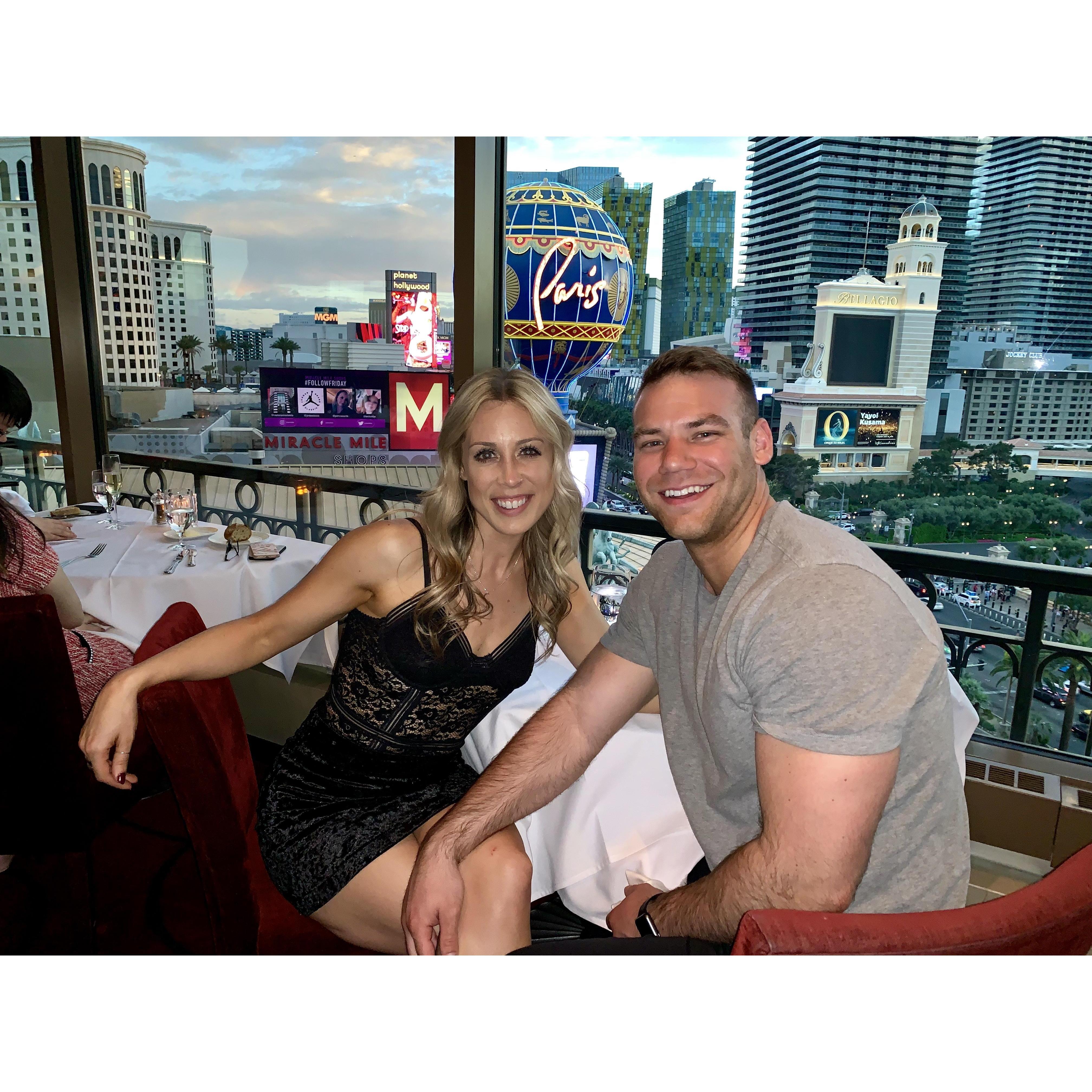 Our trip to Vegas- Had dinner at the Eiffel Tower and watched the Belagio fountains while we ate and had wine.