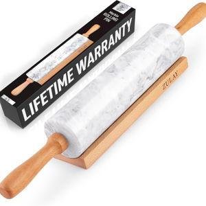 Zulay Kitchen 17-Inch Marble Rolling Pin With Stand - Polished Marble Rolling Pins For Baking With Long Beechwood Handle - Non-stick Roller Pin For Baking Pastries, Bread & Pizza
