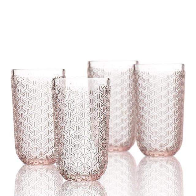 Elle Decor Bistro Key 4 Pc Set Highball, Pink-Glass Elegant Barware and Drinkware, Dishwasher Safe, 14 oz