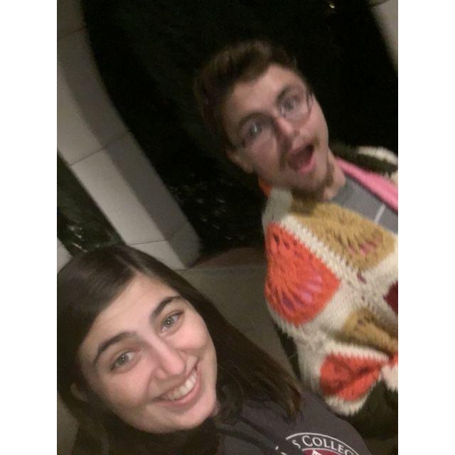 Us after attending a dunking at school. Somebody just after this asked when we were gonna get engaged already. (A dunking is when we throw an engaged couple at school into the fountain btw)