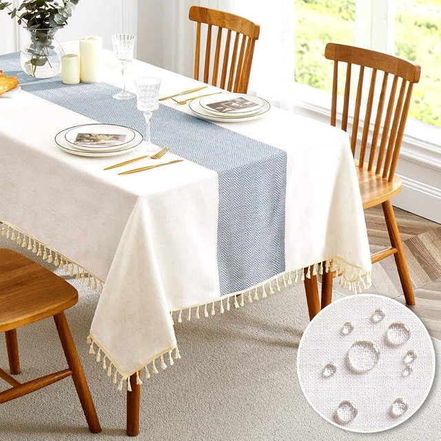 QIANQUHUI Embroidered Tablecloth for Dining Table,Rustic Farmhouse Kitchen Table Cloth Blue Table Cover, Dust Proof Spillproof Soil Resistant Cotton Linen Rectangle Table Cloths（Sky Blue,55x70 inch）