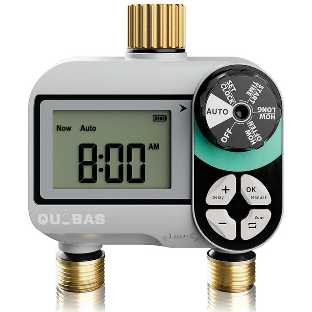 QUOBAS 2 Zone Sprinkler Timer with Brass Inlet & Outlet, Programmable Water Timer for Garden Hose with Rain Delay/Manual Watering/Automatic Irrigation Controller System for Yard, Lawn