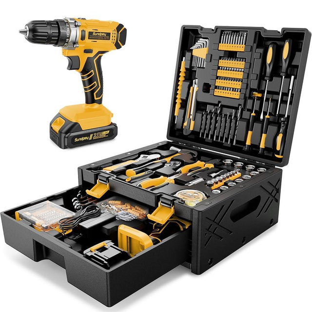 Sundpey 267-Piece Tool Kit with Drill - Basic General Home Complete Repair Portable Tool Set with 21V Cordless Drill & 2.0Ah Battery & Charger in Drawer Storage Toolbox for Apartment Office Garage
