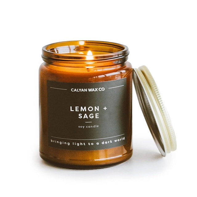 Calyan Wax Co. Lemon & Sage Scented Candle - 57 Hour Burn - Luxury Clean Soy Wax Candles - Long Lasting Amber Glass Jar Candle for Home - 7.2oz