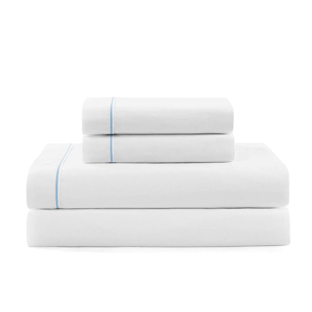 Tommy Hilfiger - Sheet Set, Cotton Percale Bedding with Matching Pillowcases, Crisp & Cool, Solid Design with Hem Stripe (White/Blue, King)