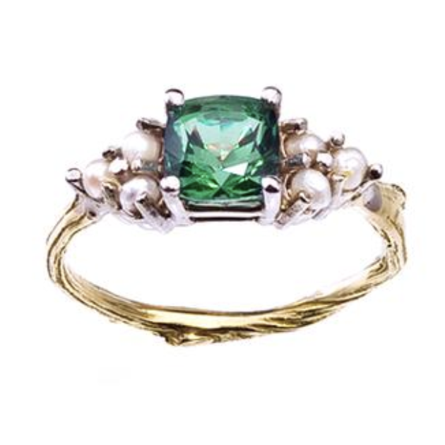 Cast from a twig in Central Park, the band represents Dan's homeland. Green tourmaline for the union of blue/yellow (feminine/male). Pearls symbolize my family (left) and my future family (right).