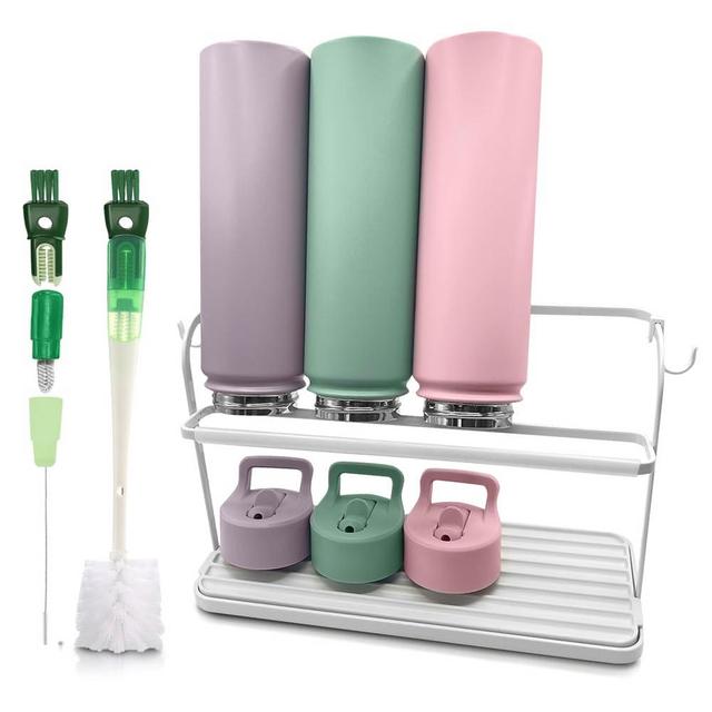 Wakubon Bottle Drying Rack for Kitchen Countertop, Space Saving Storage Stand with Drainage Tray, Two-Tier Design for Tumblers, Baby Bottles, Water Bottle Drying Rack with 5-in-1 Bottle Cleaning Brush