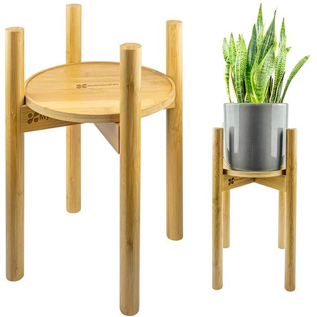 Plant Stands for Indoor Plants with Drip Tray | Mid Century Plant Stand Indoor & Outdoor to Create Your Botanical Wonderland | Modern & Sturdy Design Bamboo Stand - Adjustable to Fit Pots Up to 12"