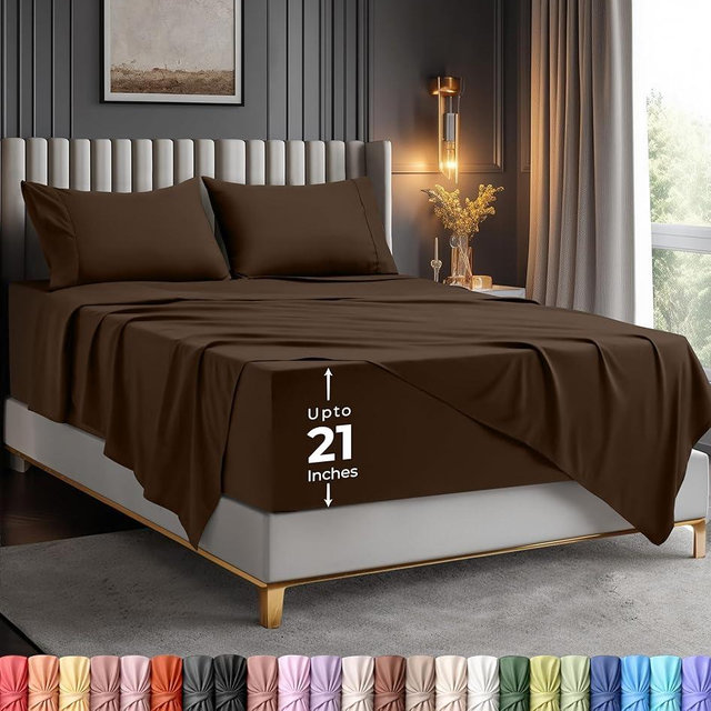 Utopia Bedding Queen Size Extra Deep Pocket Sheet Set – Fits Mattresses Up to 21 inches – Cooling, Soft & Breathable – Oeko-Tex 4 Piece Bed Sheets (Brown)