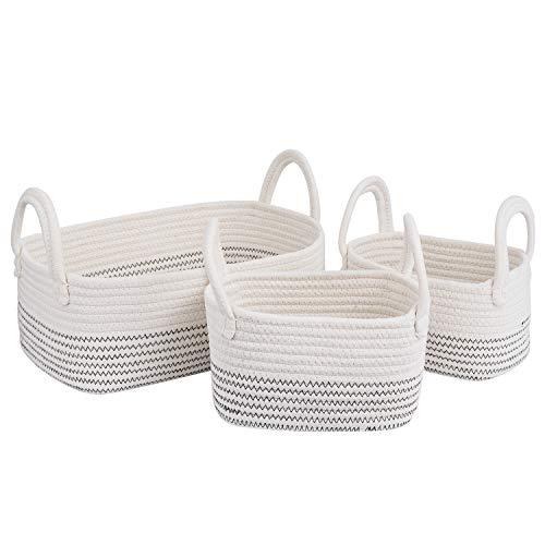 Cotton Rope Storage Baskets Storage Bins Organizer Decorative Woven Basket With Handles for Nursery Baby Clothes, Toy, Makeup, Books, Set of 3