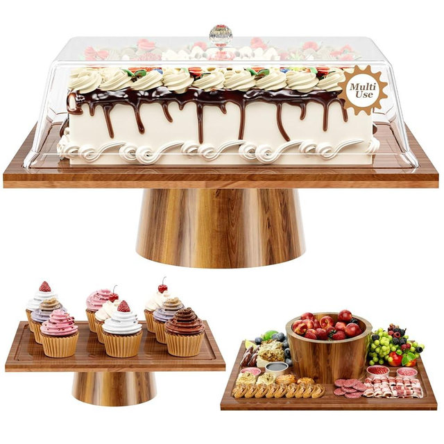 Owenri Cake Stand with Lid - 2 in 1 Cake Stand and Charcuterie Board, Rectangle Acacia Wood Cake Stand, Dessert Table Display Set for Cheese, Chips, Dips, Nachos, Fruit Platter, Donut