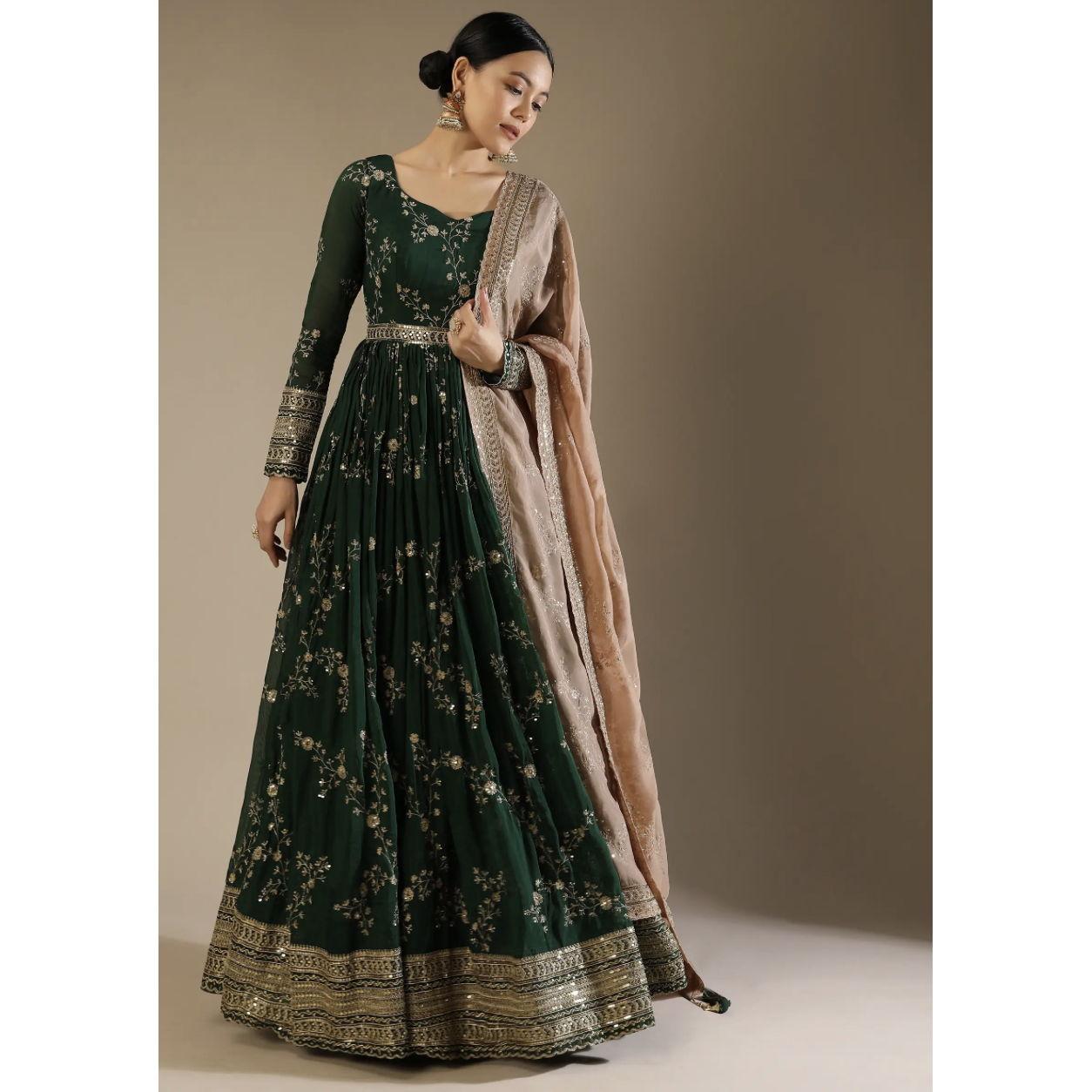 Anarkali- long gown loose from the waist down, worn with churidar bottoms/leggings. Suitable for reception or pre- wedding events.