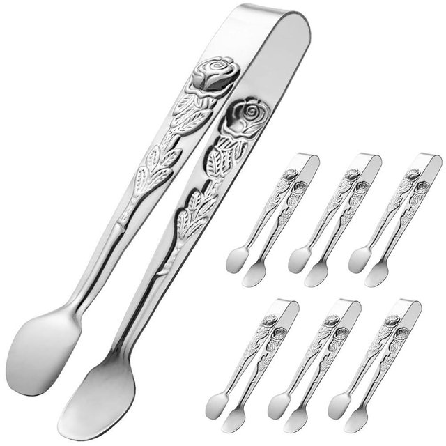 HINMAY Mini Serving Tongs 5-Inch Small Appetizer Tongs, Set of 6 (Silver)