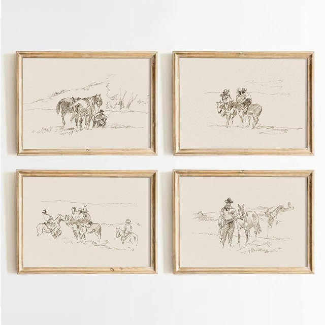 Western Cowboy Wall Art Vintage Canvas Wall Decor Prints Neutral Wall Art Southwest Cowboy Poster Black White Cowboy Painting Western Vintage Pictures for Bedroom Bathroom 8x10 Inch Unframed Set of 4