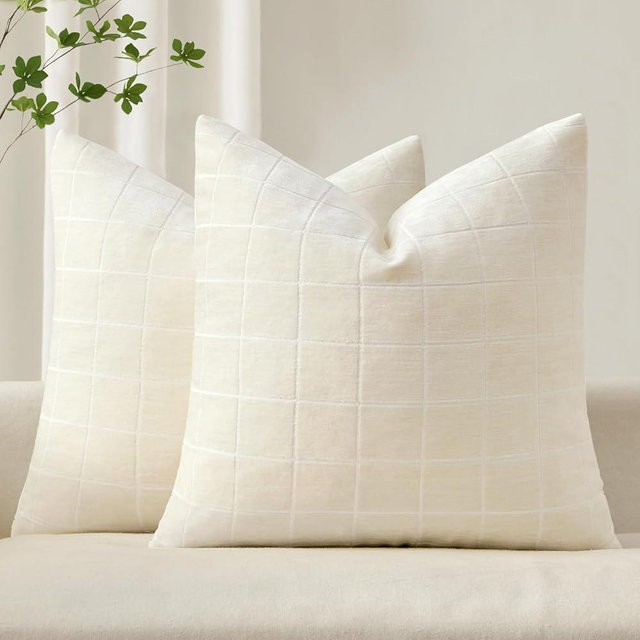 MIULEE Decorative Chenille Check Throw Pillow Covers Vintage Plaid Couch Pillows 20x20 Inch Set of 2 Neutral Boho Farmhouse Cushion Covers Modern Spring Home Decor for Sofa Bed Living Room Cream