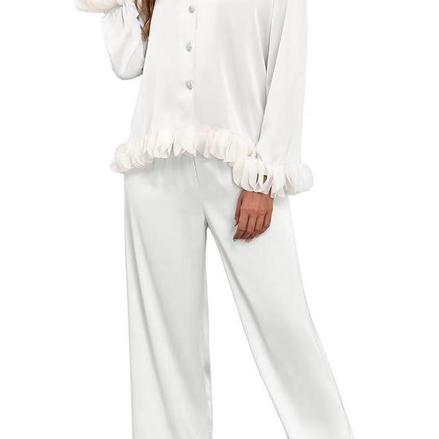 Brosloth Womens Silk Pajamas Long Sleeve Button Up Pajama Cute Soft Satin Fall Pjs Sets 2 Piece Lounge Set Sleepwear