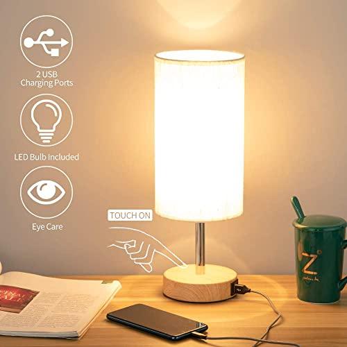 Bedside Lamp with USB port - Touch Control Table Lamp for Bedroom Wood 3 Way Dimmable Nightstand Lamp with Round Flaxen Fabric Shade for Living Room, Kids Room, College Dorm, Office(LED Bulb Included)