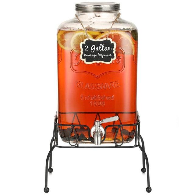 2 Gallon Glass Beverage Dispenser with Stand, Stainless Steel Leakproof Spigot and Lid, Glass Drink Dispensers for Parties, Water Beverage Dispenser