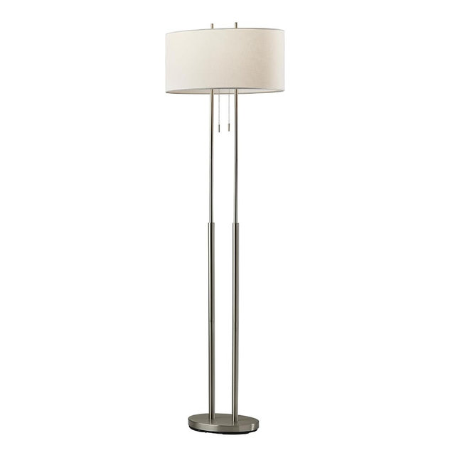 Adesso Brushed Steel Floor Lamp with Ivory Fabric Shade – Dual Pull Chain, Double Socket Design Accent Light for Bedroom, Living Room, or Home Office, 62” Tall