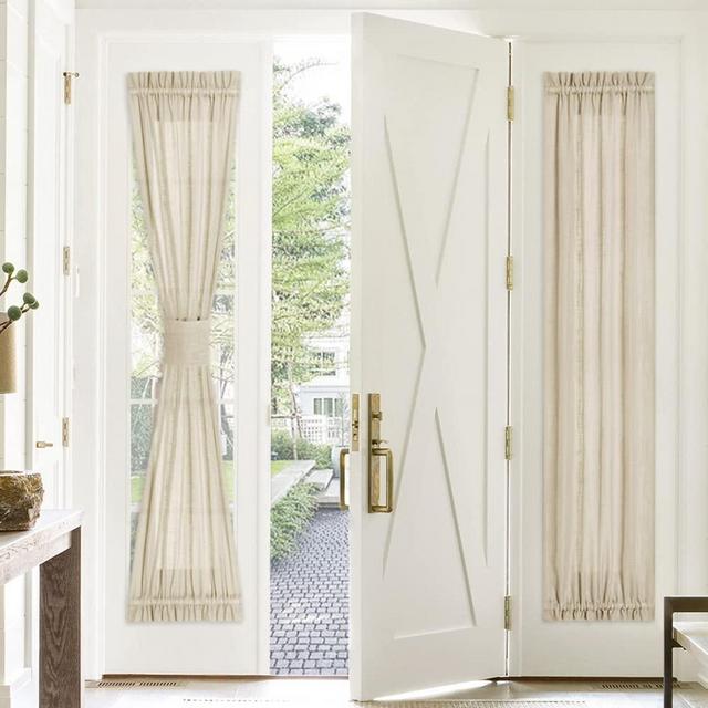 PONY DANCE Front Door Curtain - 30 Wide by 72 Long Soft Beige Faux Linen Weave Pattern Fabric for Windows Rod Pocket Blinds for Entryway/Garage with Gather Tieback