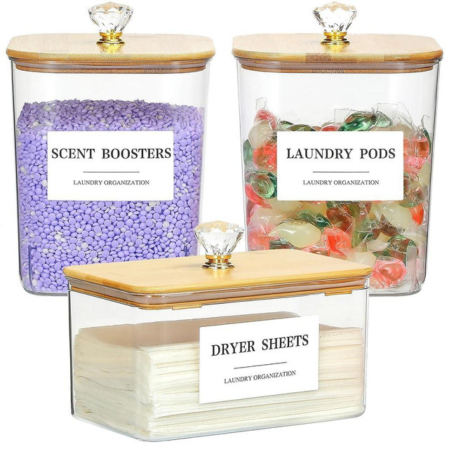 Dounozzi 3 Pack Large Laundry Powder Container and Dryer Sheet Holder with lid, Clear Plastic Laundry Pods Container for Laundry Room and Organization with Scoops, 12 Lables