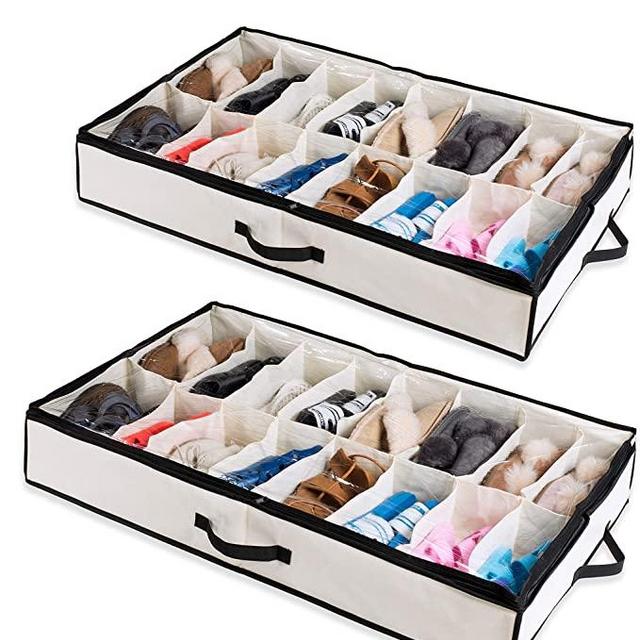 Woffit Under The Bed Shoe Organizer Fits 12 Pairs – Made with Sturdy & Breathable Materials – Set of 2 Underbed Storage Solution for Kids & Adults (Men & Women) Shoes