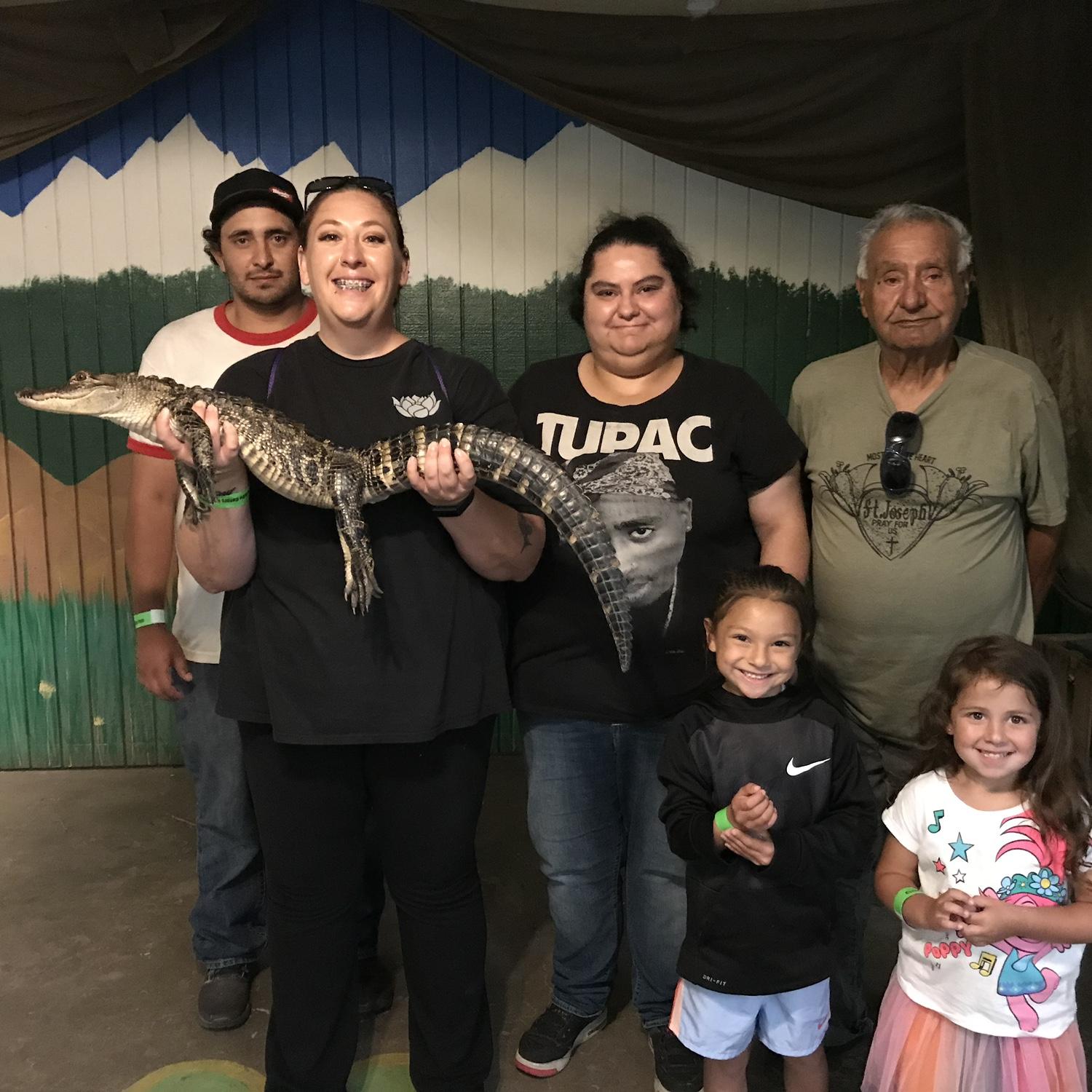 Checking out the Gator Farm in Colorado with Greyson, Grandpa Frankie, Cousin Amy, and Autumn,