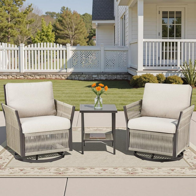 Buenhomino 3 Pieces Wicker Bistro Set Chairs Patio Porch Furniture Sets, All-Weather PE Rattan Outdoor Conversation Set with Removable Cushion & Side Table for Porch, Deck, Poolside - Beige