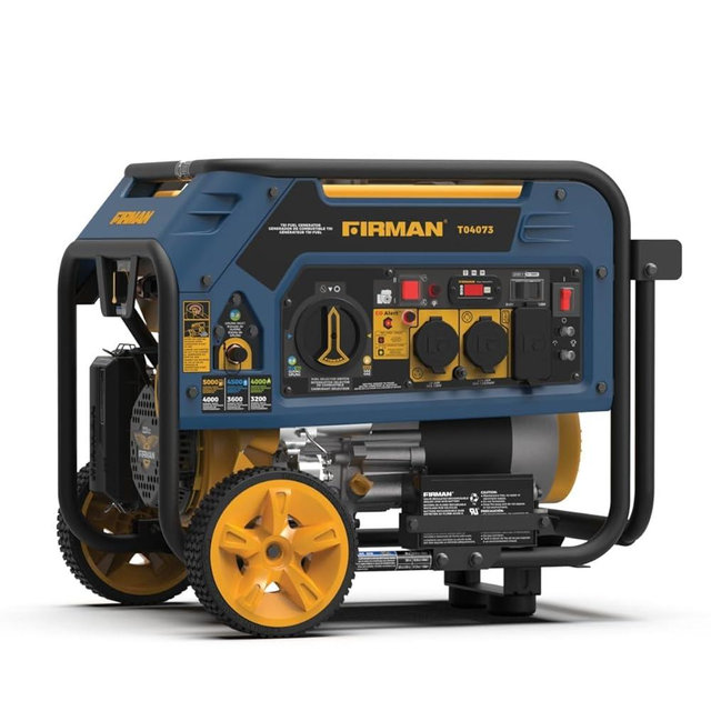 FIRMAN T04073 Tri Fuel Portable Generator, 5000W Gas 4000W Running, 4500W Propane 4000W Natural Gas, Electric Start, 120/240V, CO Alert, Low Oil Shut Off, for Home, RV, Backup, Camping, Outdoor Power