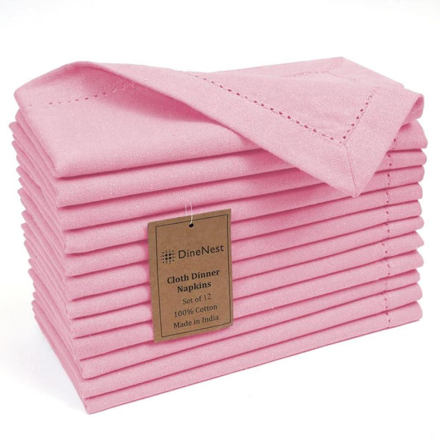 DineNest Hemstitch Dinner Napkins 100% Cotton Set of 12 - for Dining Special Occasions Weddings Parties Holidays Easter - Soft Durable Reusable - Elegant 18x18 Inch Table Cloth Napkins Baby Pink
